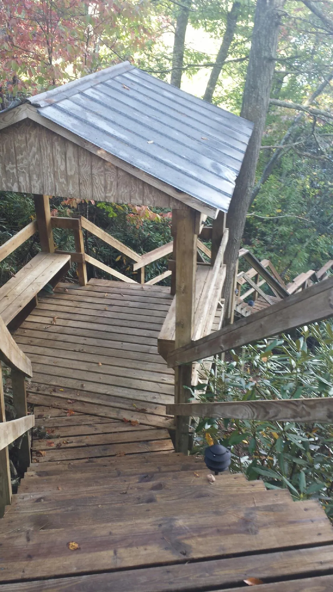 Metal roofed shelter over wooden steps on a wooded walkway — Skylight Repair & Installation work by our crew in Ionia